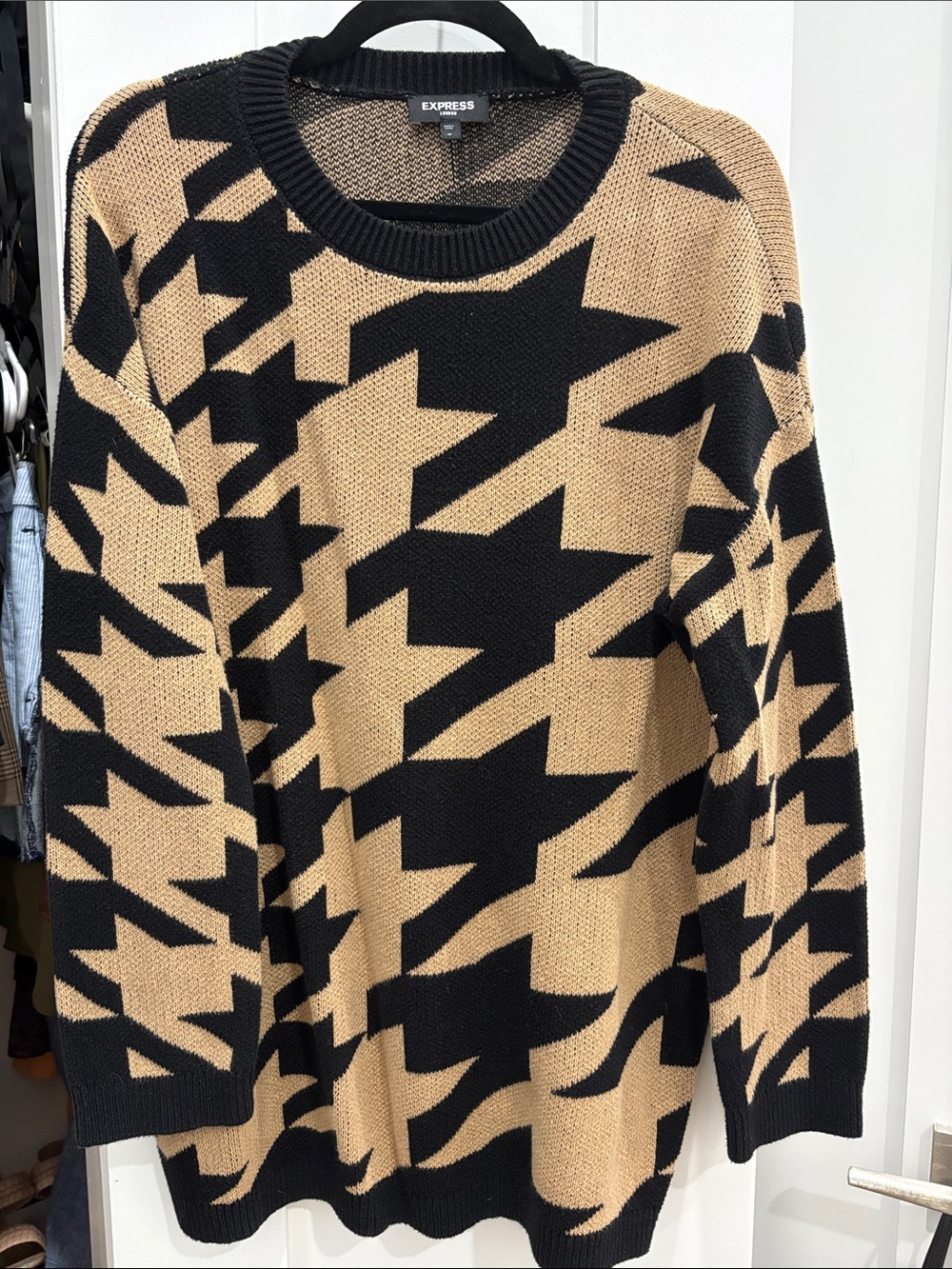 Express Black and Camel Houndstooth Crewneck Sweater